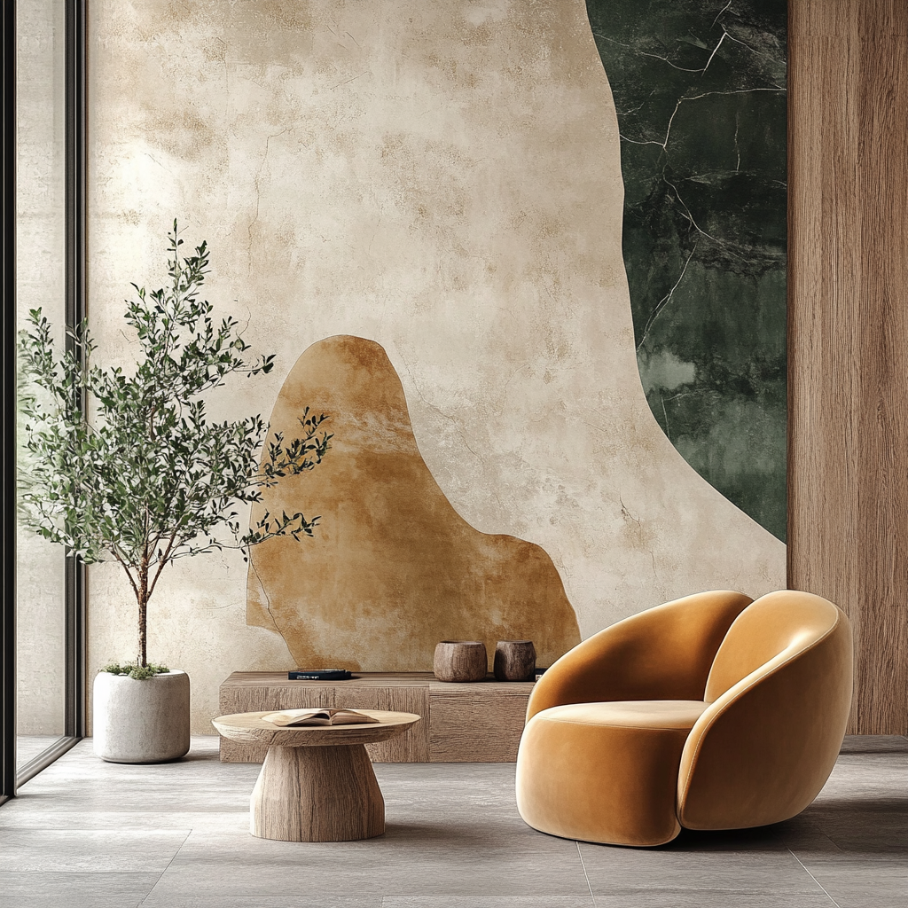 Simone Bossi-inspired architectural design with warm ochre tones.