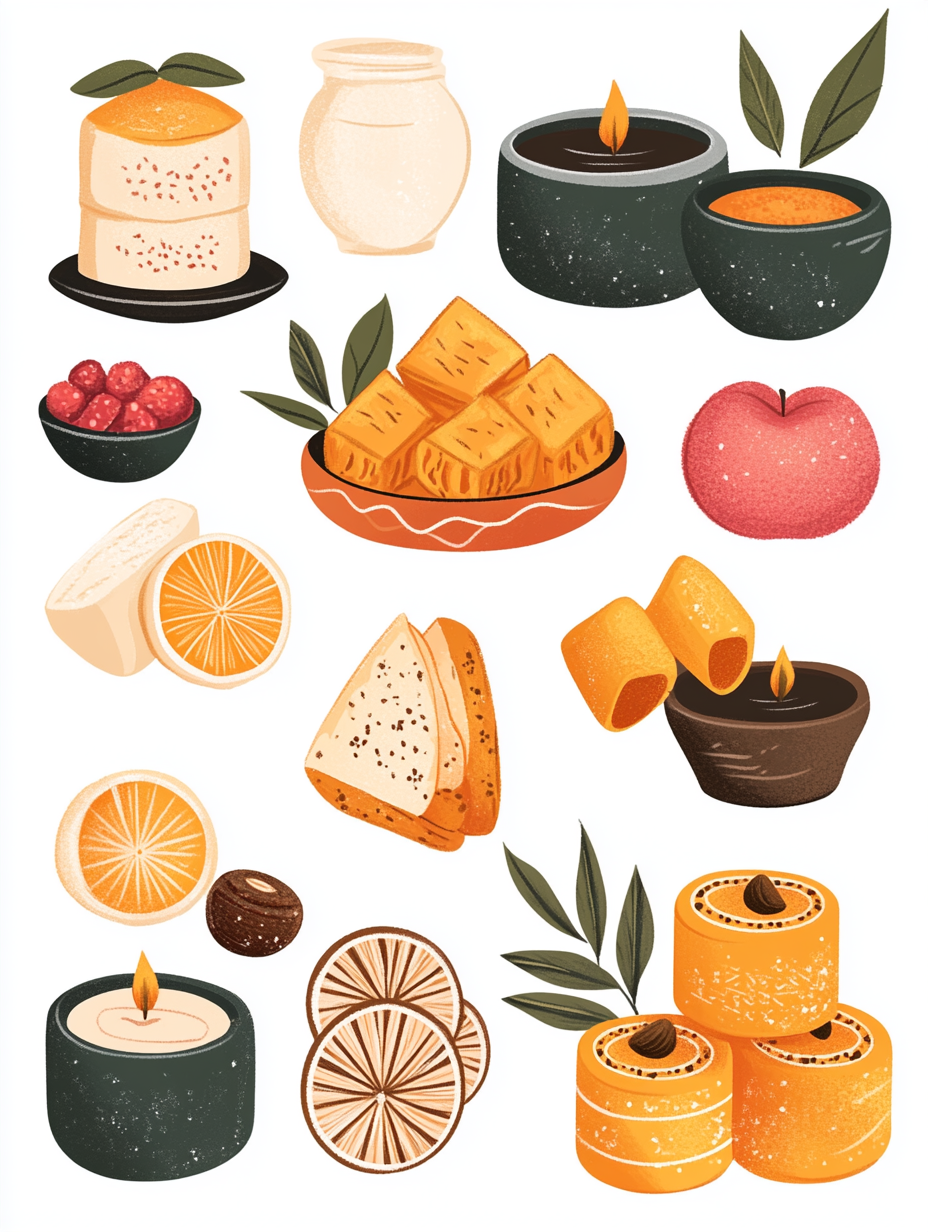 Simple, colorful illustrations of traditional Diwali foods and sweets.