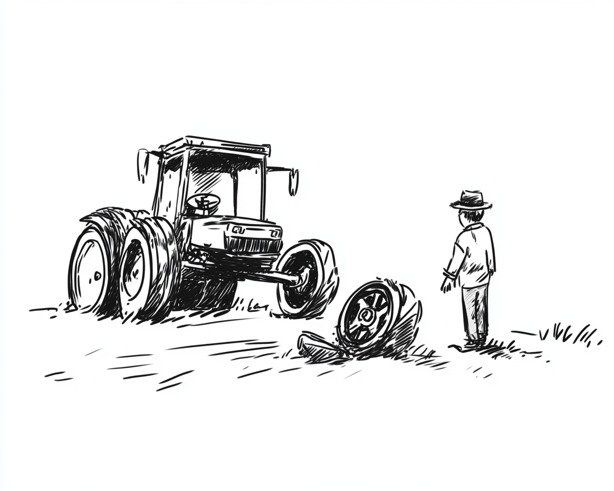 Simple Black and White Child's Drawing of Overturned Tractor