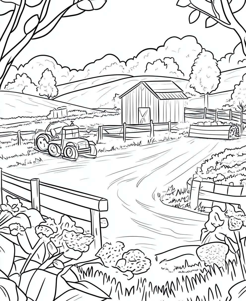 Simple Black and White Farm Coloring Page