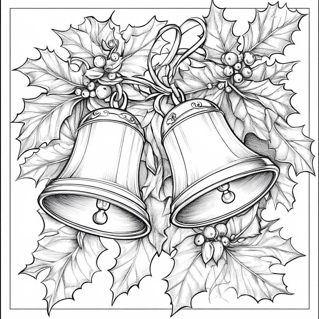 Simple Christmas bells coloring book with holly leaves