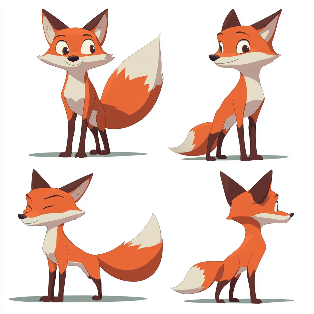 Simple Disney-style cartoon fox character in multiple angles.