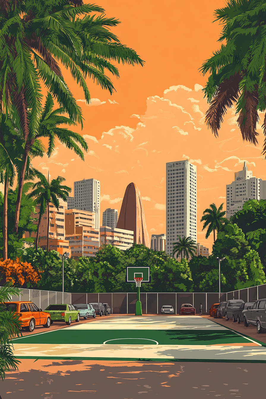 Simple basketball court with Nigerian city life background.