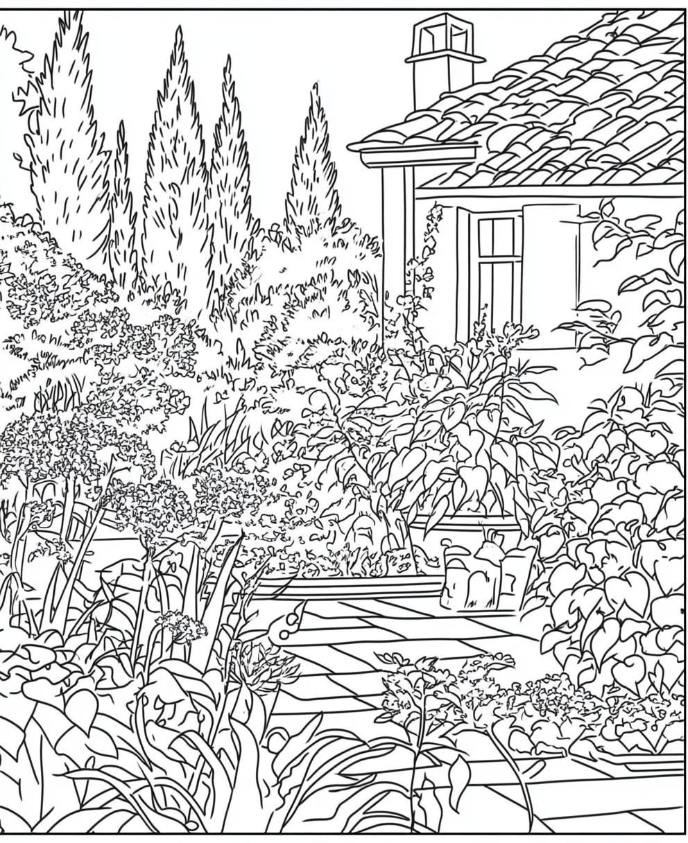 Simple black and white garden coloring page