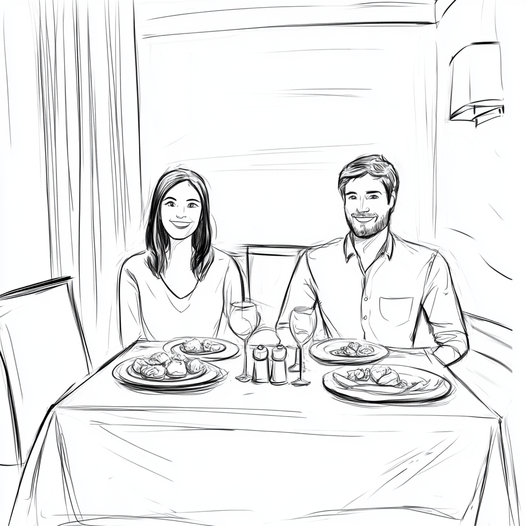 Simple black and white storyboard sketch in restaurant.