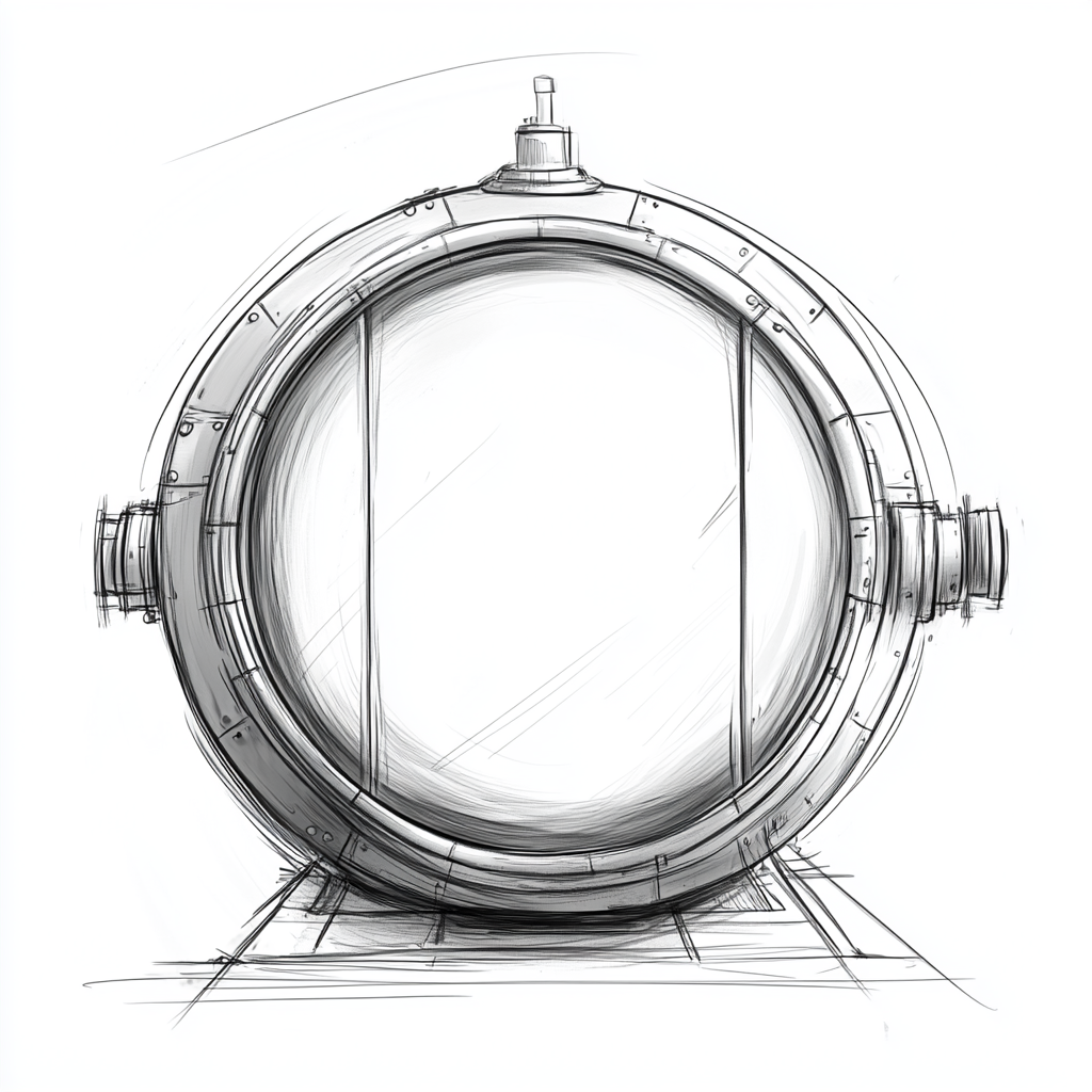 Simple black and white storyboard sketch of submarine window.