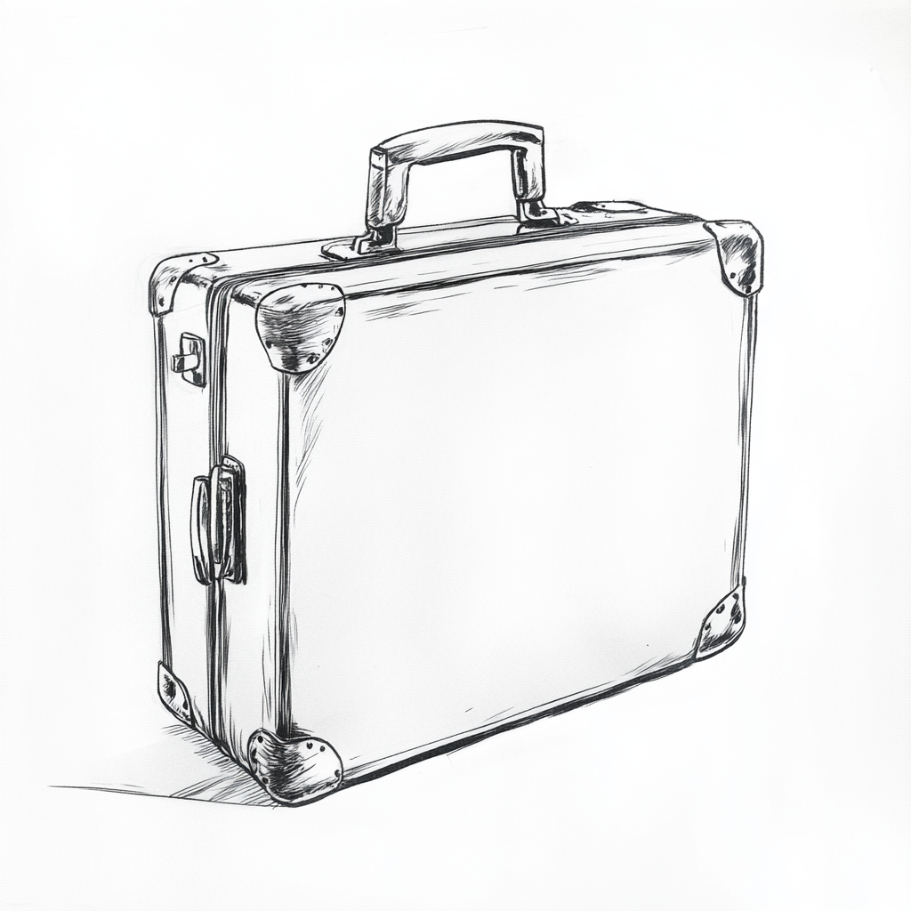 Simple black and white storyboard sketch of suitcase.