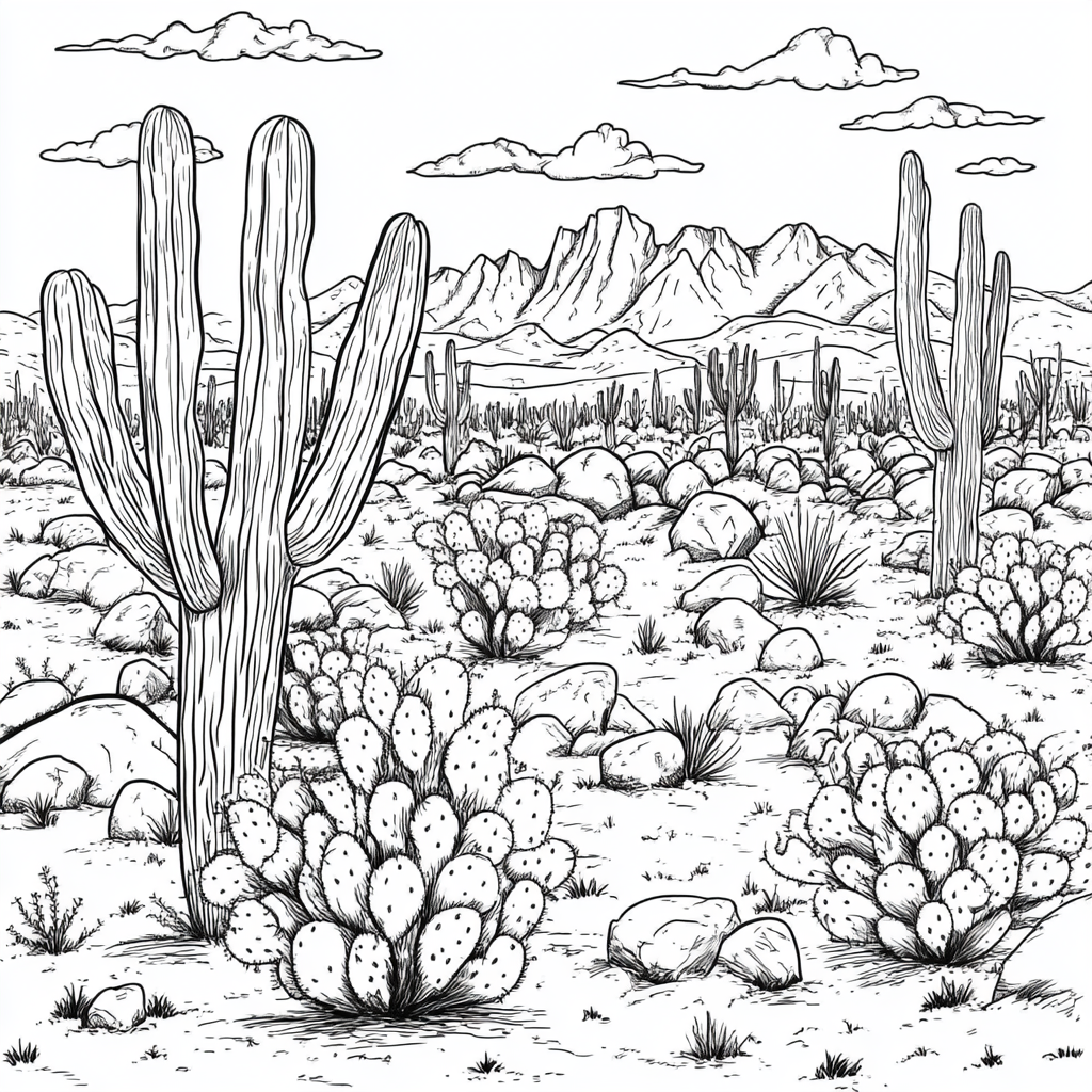 Simple coloring page with cacti and Joshua trees.