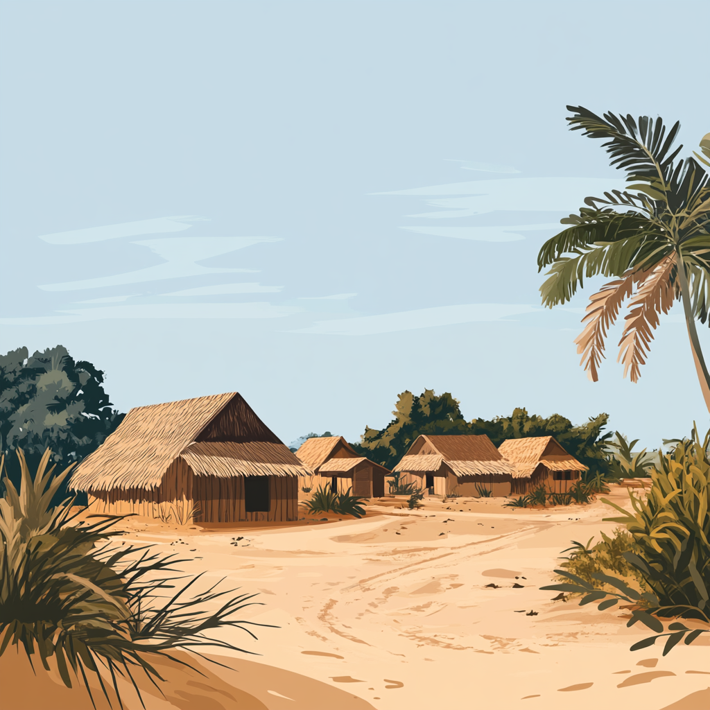 Simple illustration of Madagascar village with thatched roofs.