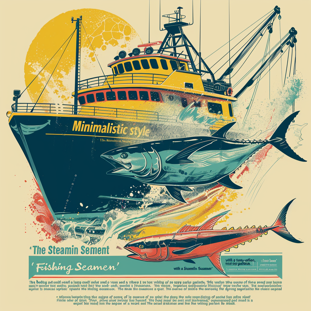 Simple illustration of fishing boat catching tuna and mahi-mahi.