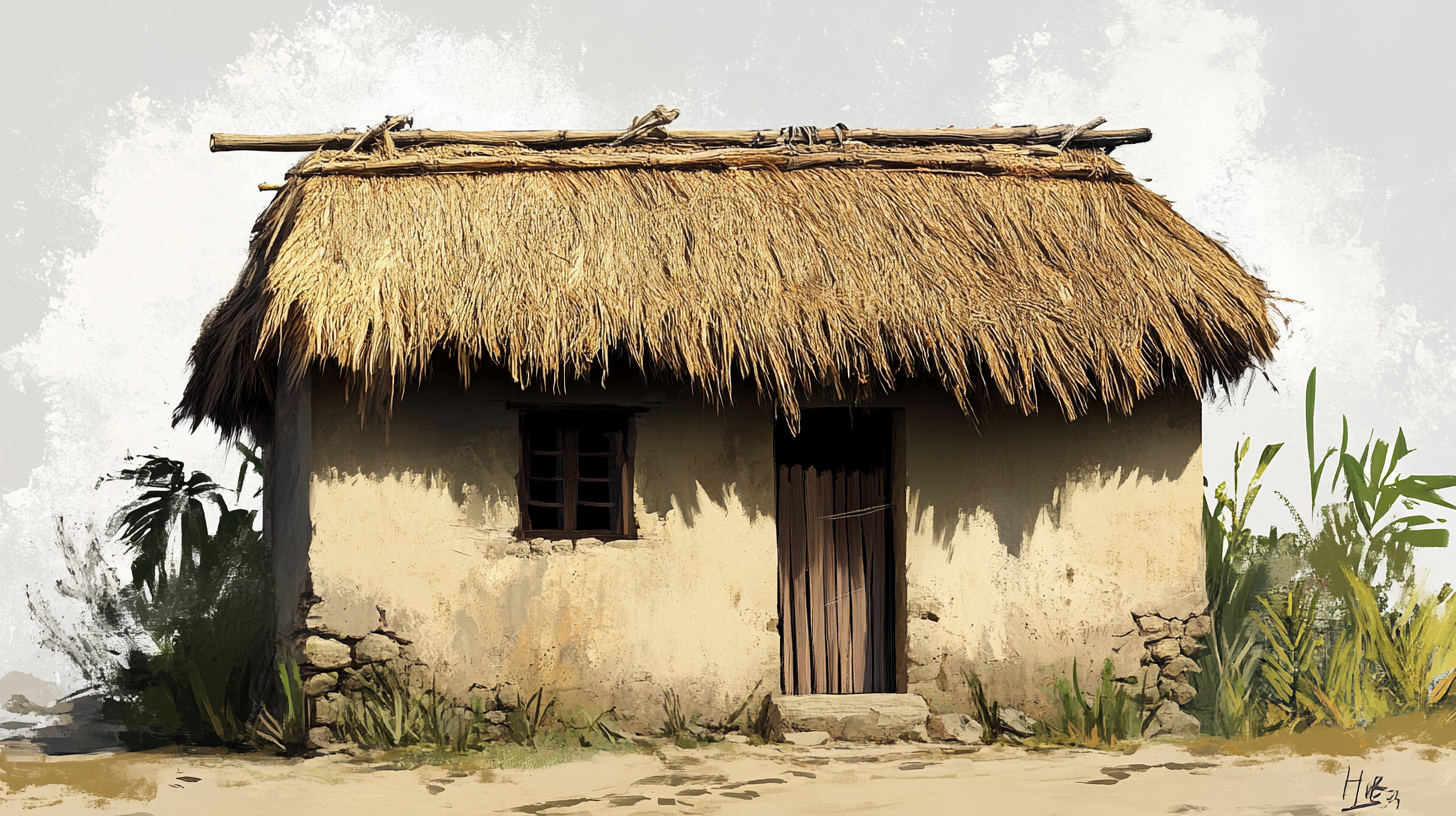 Simple island hut for resort servants, mud and sandstone walls, thatch roof.