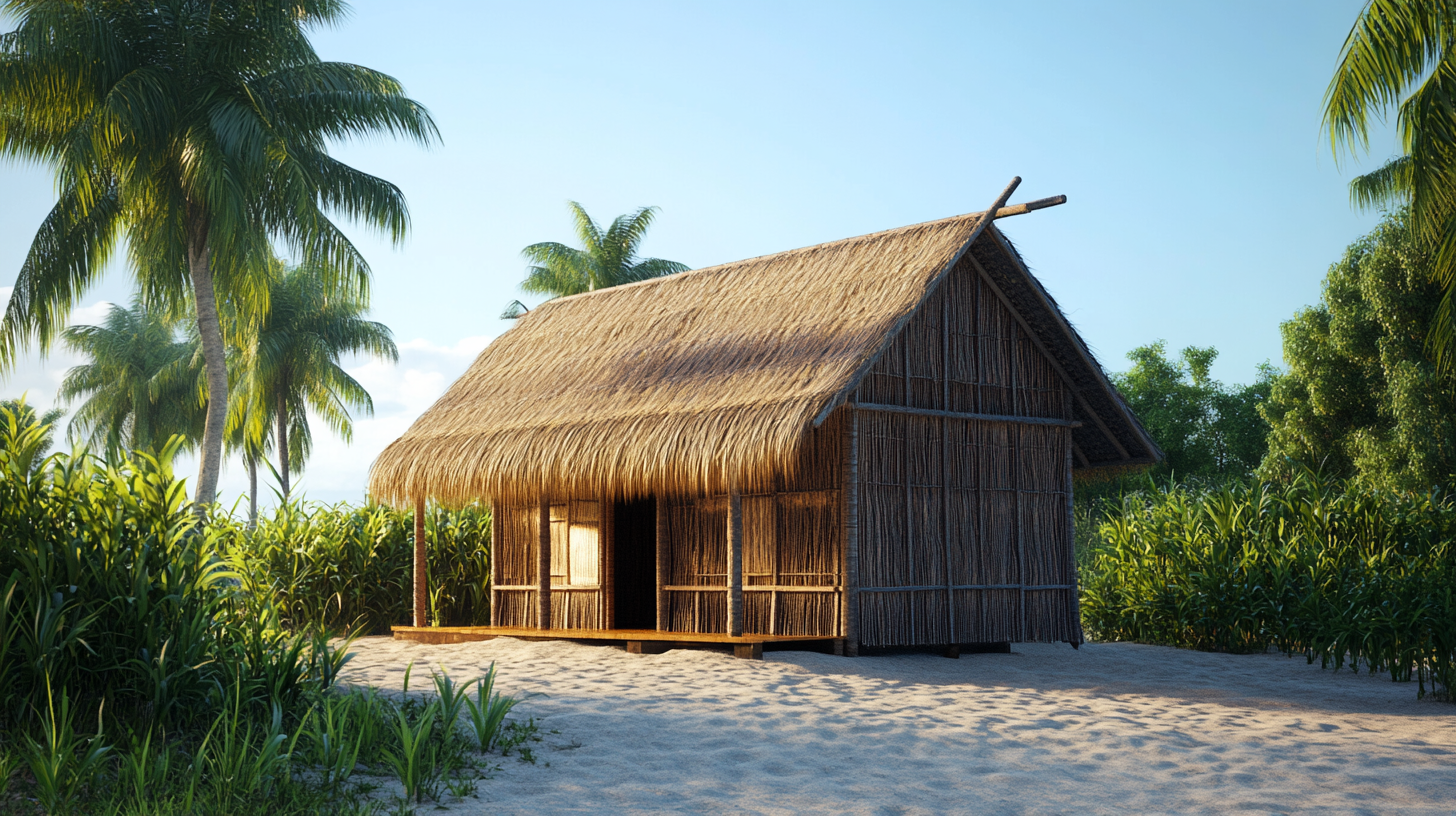 Simple island hut for resort servants with sand walls.