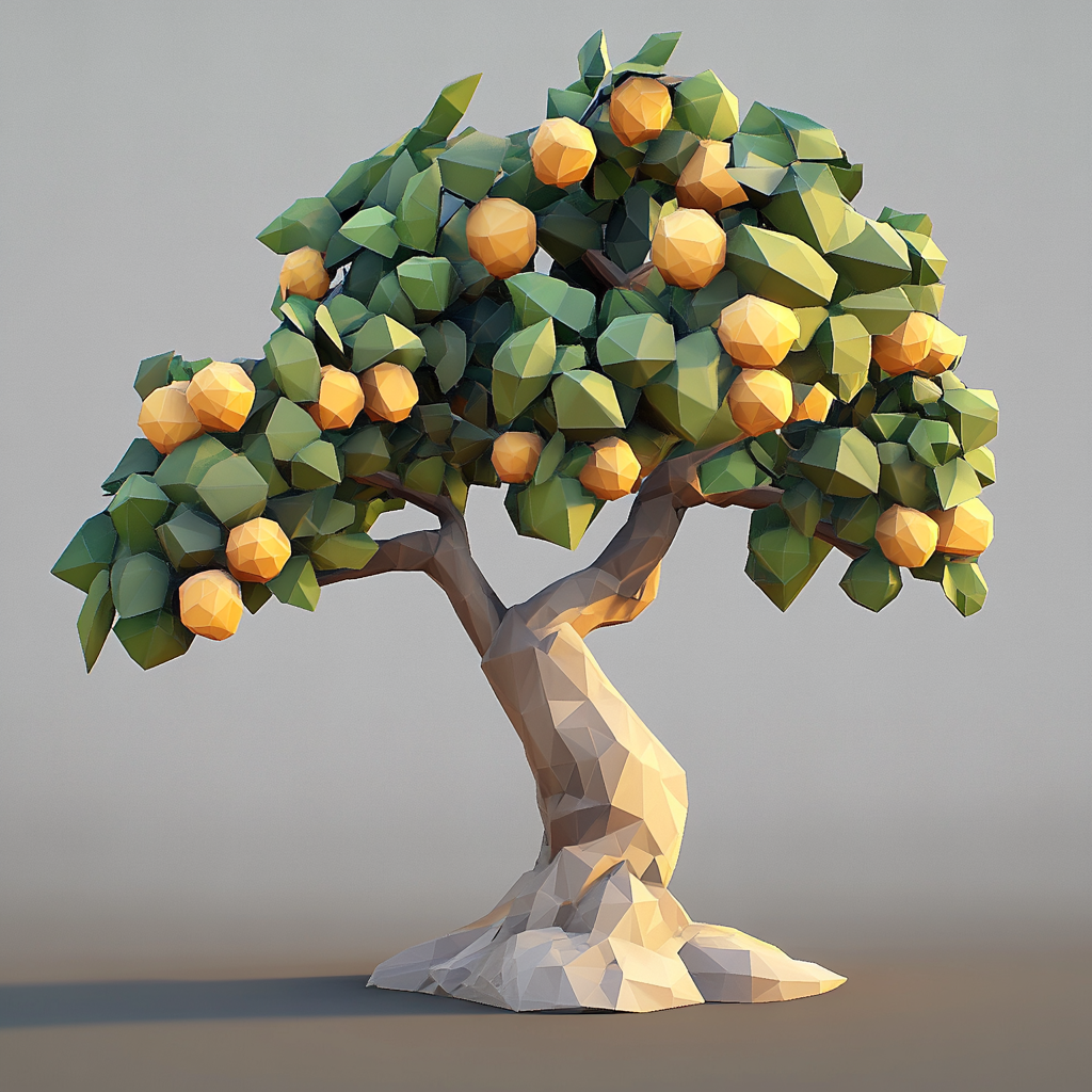 Simple low poly video game tree with fruits.