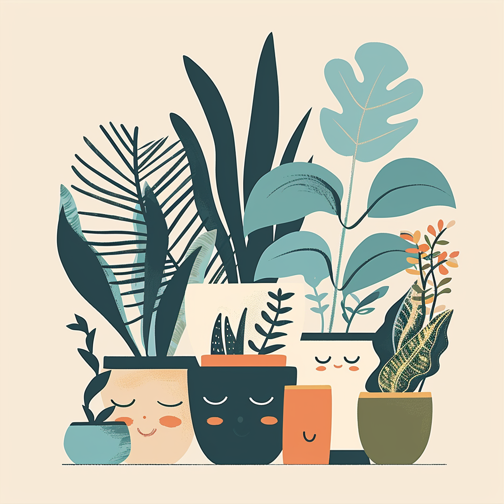 Simple poster with cartoon plants in pastel colors.