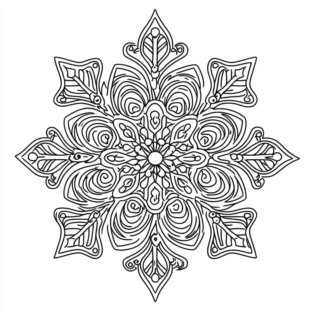 Simple snowflake design for coloring beginners.