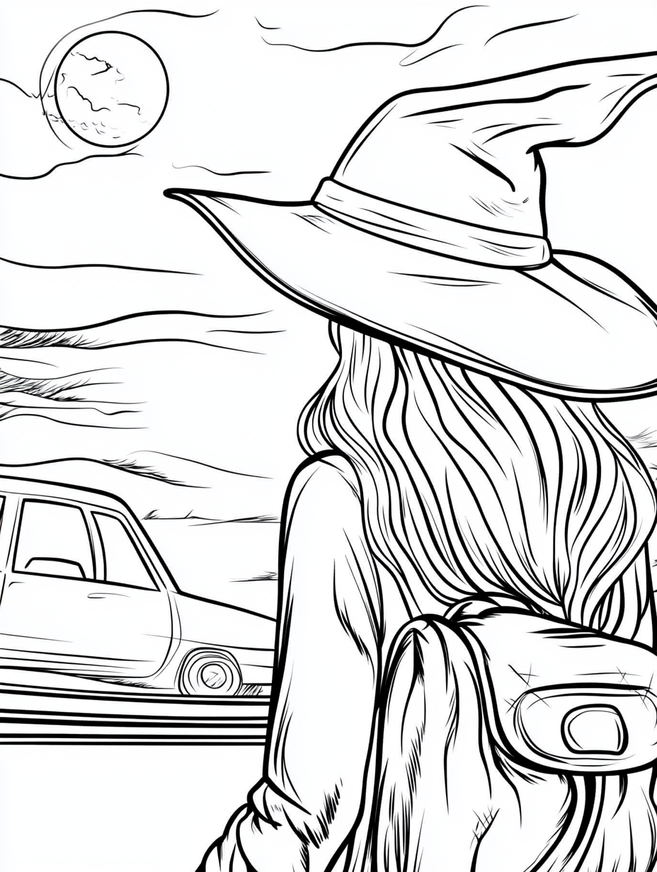 Simple witch hitch hiking on dark night, minimal detail.