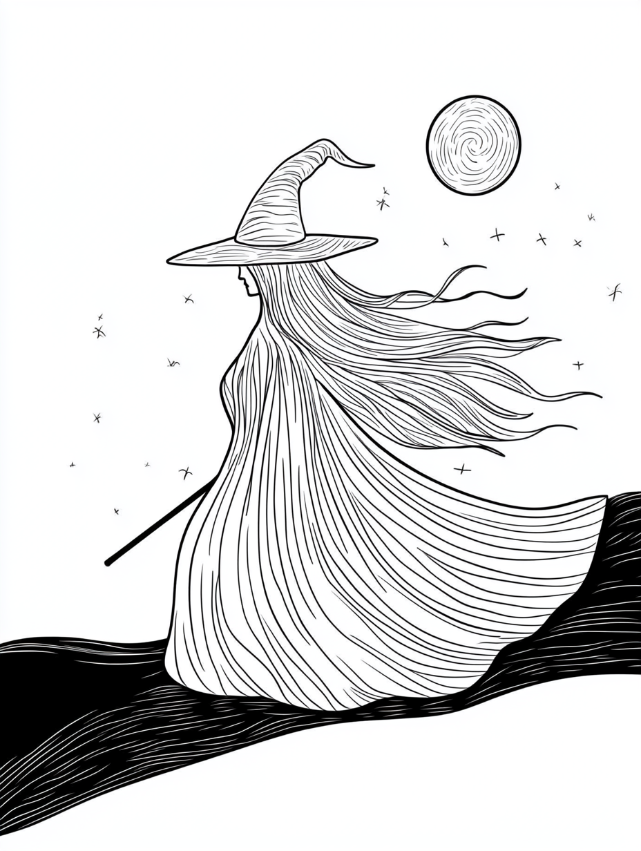 Simple witch hitches a ride on dark night.