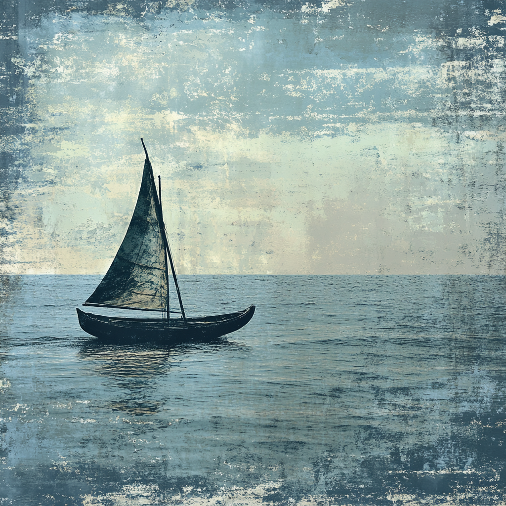 Simple wooden boat sailing on textured sea. Sky blends.