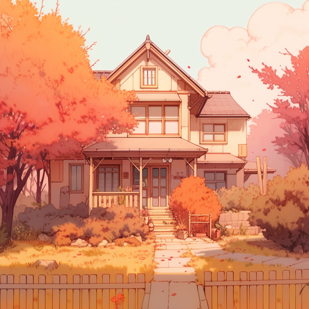 Simplistic anime drawing of Halloween-colored house.