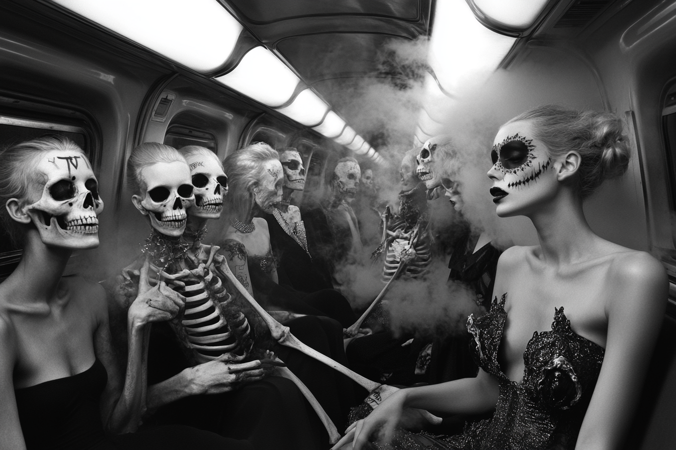 Sinful fashion models, skeletons, crowded subway wagon, cigarette smoke.