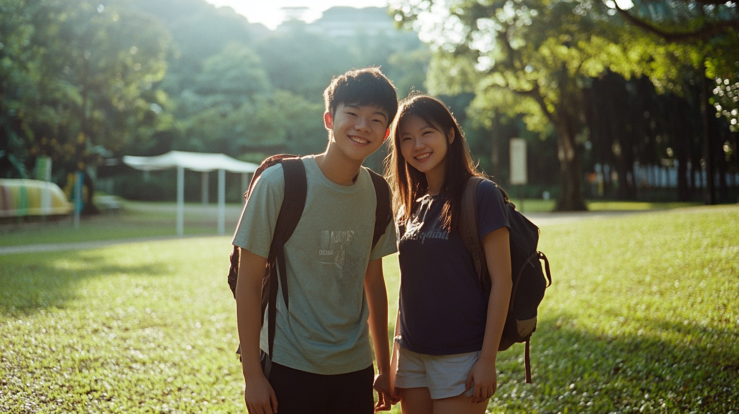 Singaporean Boy and Friend Enjoying Blissful Park Day