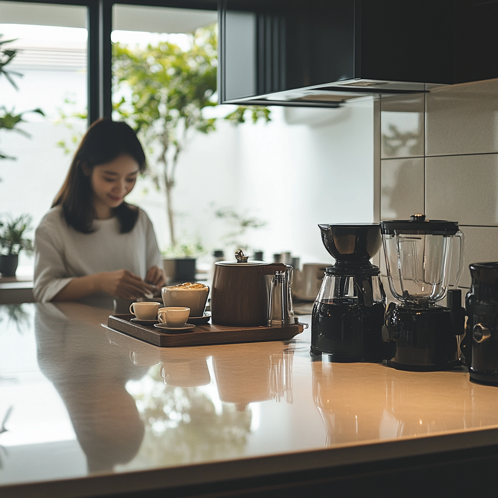 Singaporean woman making coffee on kitchen counter top.