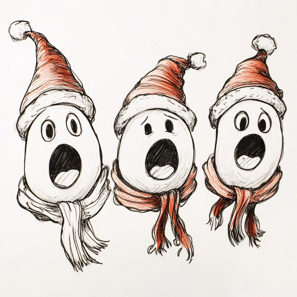 Singing Ghosts with Christmas Hats and Scarves