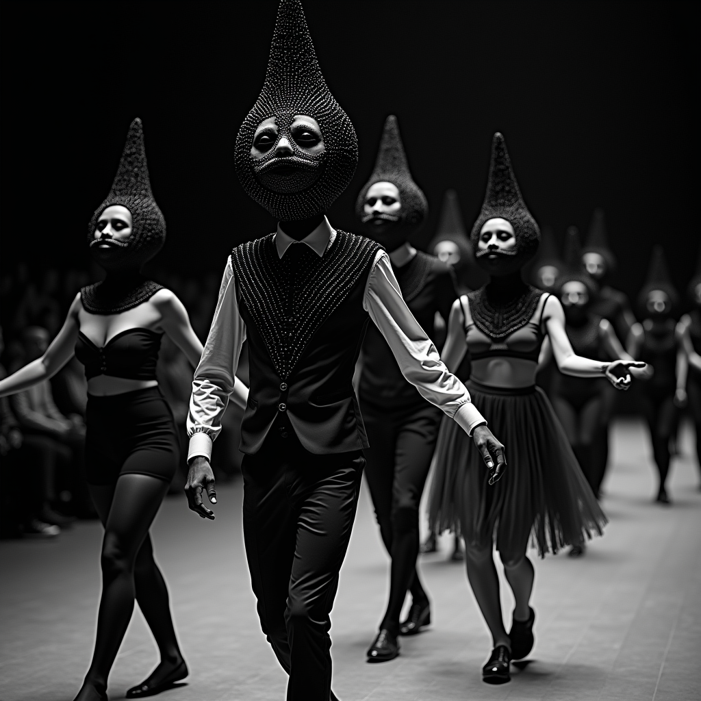 Sinister Circus Dancers in Beaded Headdress Ballroom