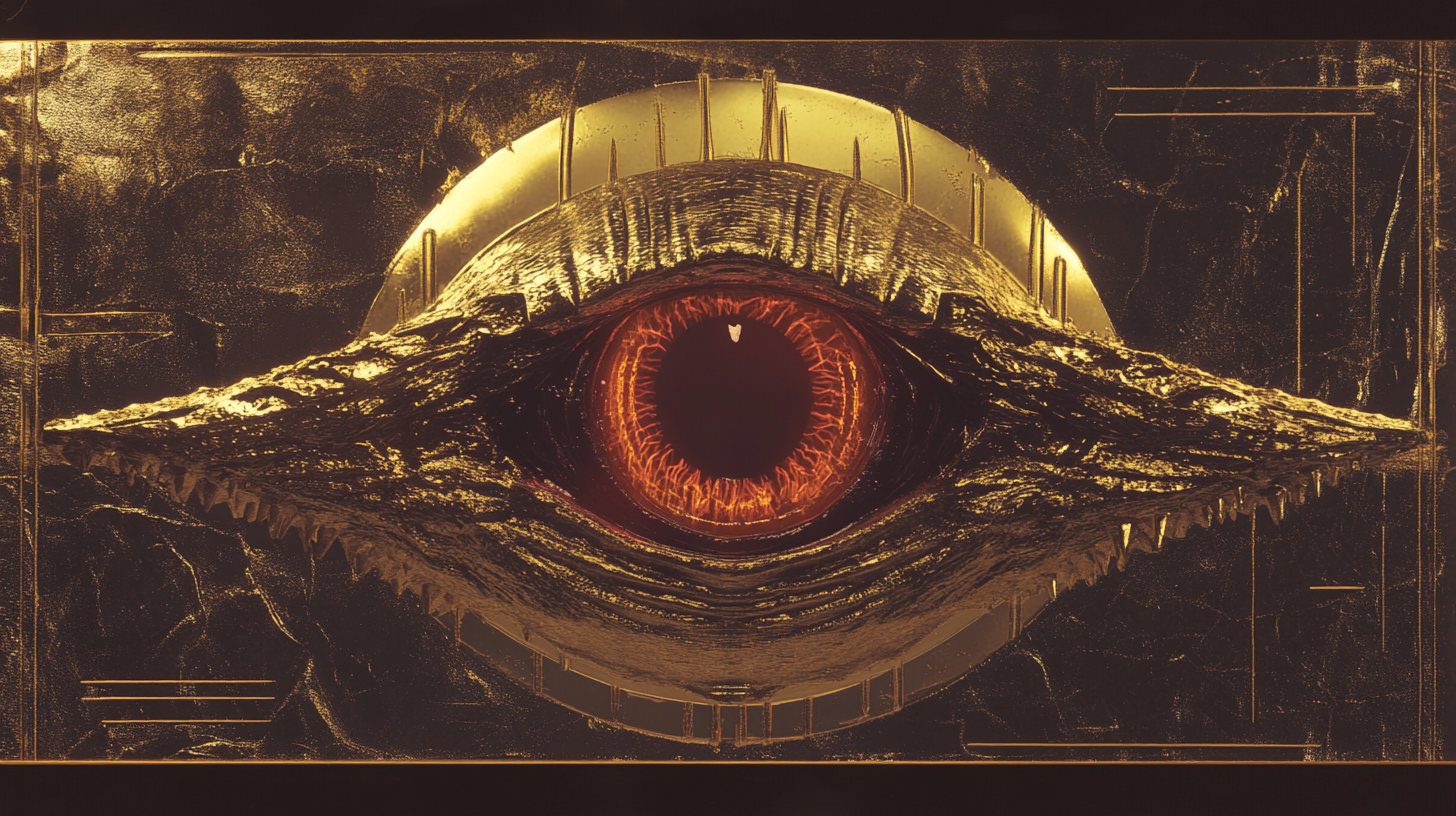 Sinister Crocodile Eye in Golden Shimmer: 1980s Movie Scene