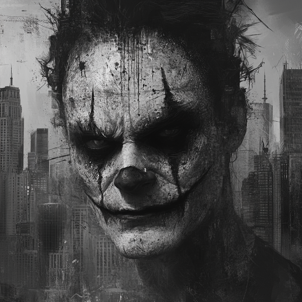 Sinister clown-like character in gritty urban setting.