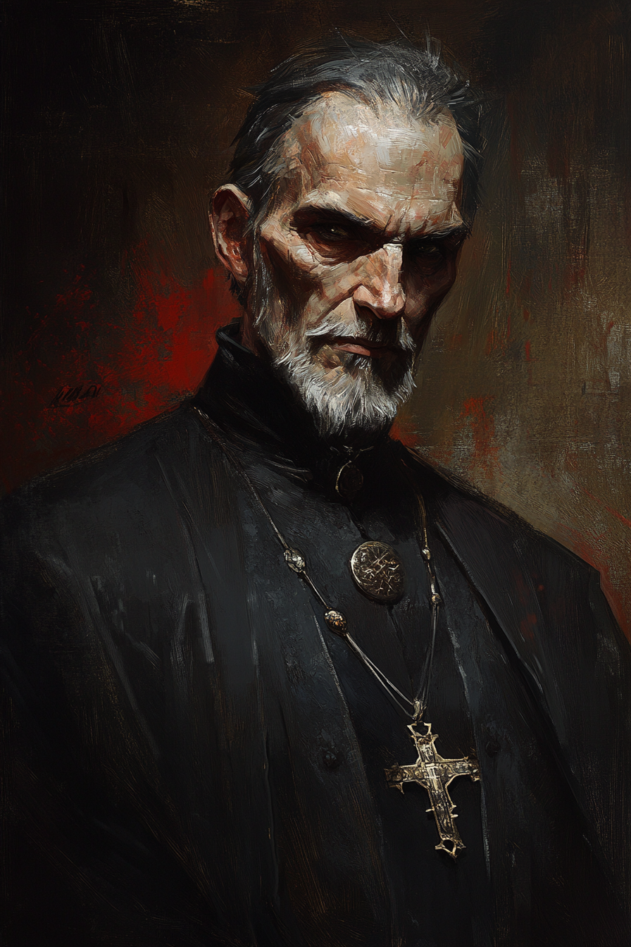 Sinister depiction of priest in various artistic styles portrait.