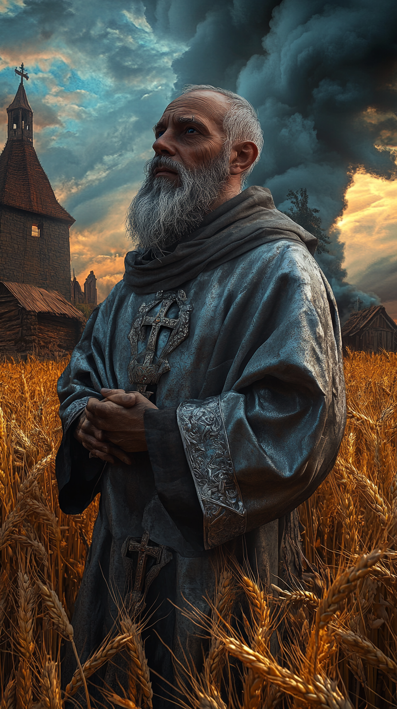 Sinister dwarf priest in wheat field at sunrise.