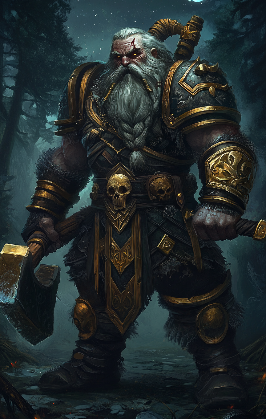 Sinister dwarven enforcer in black and gold armor.