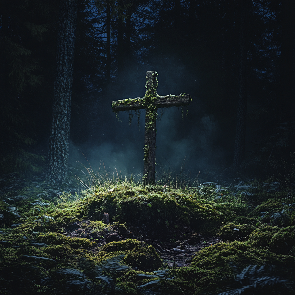 Sinister forest clearing with old mossy wooden cross grave