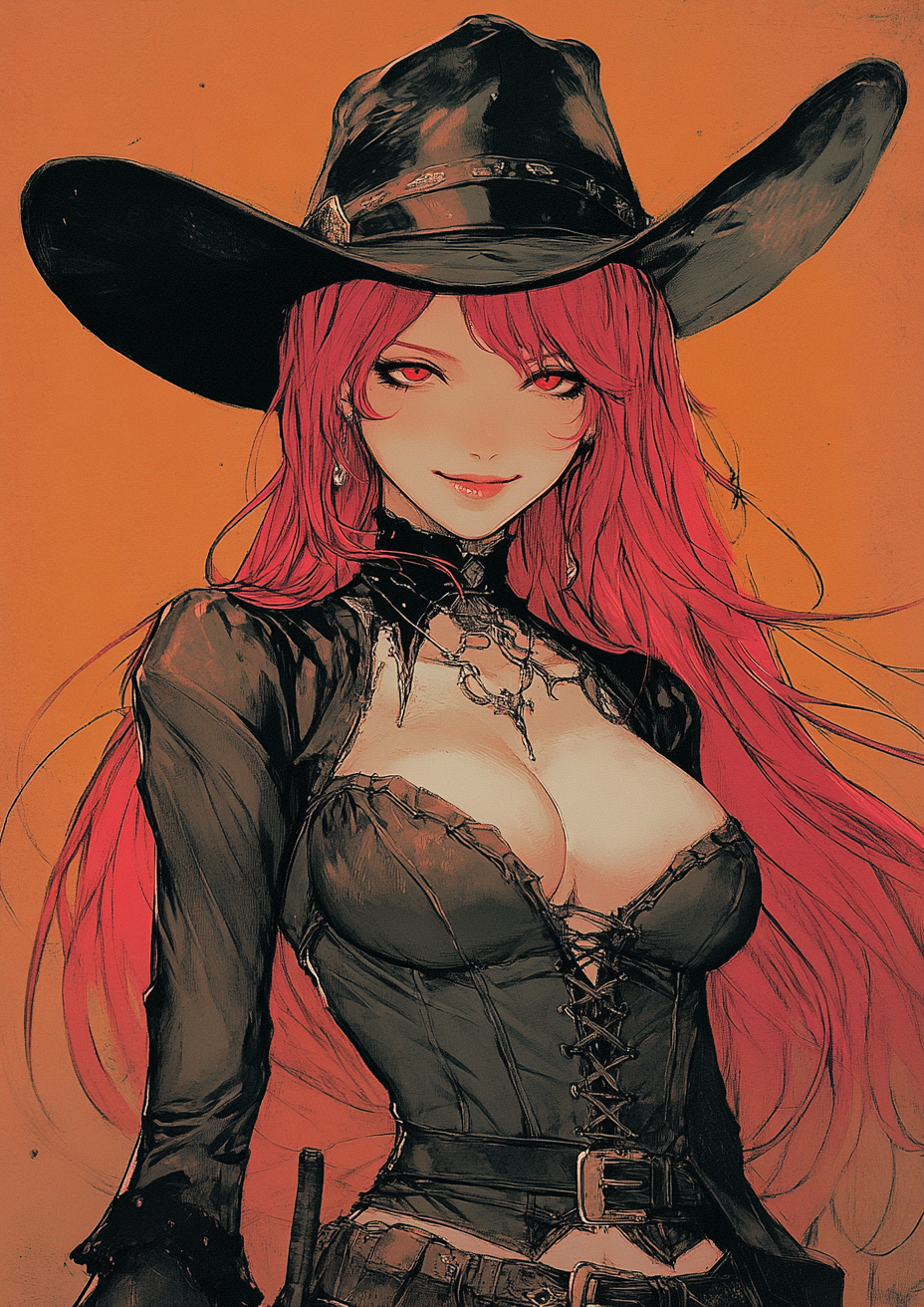 Sinister goth cowgirl with red hair and kitty ears.