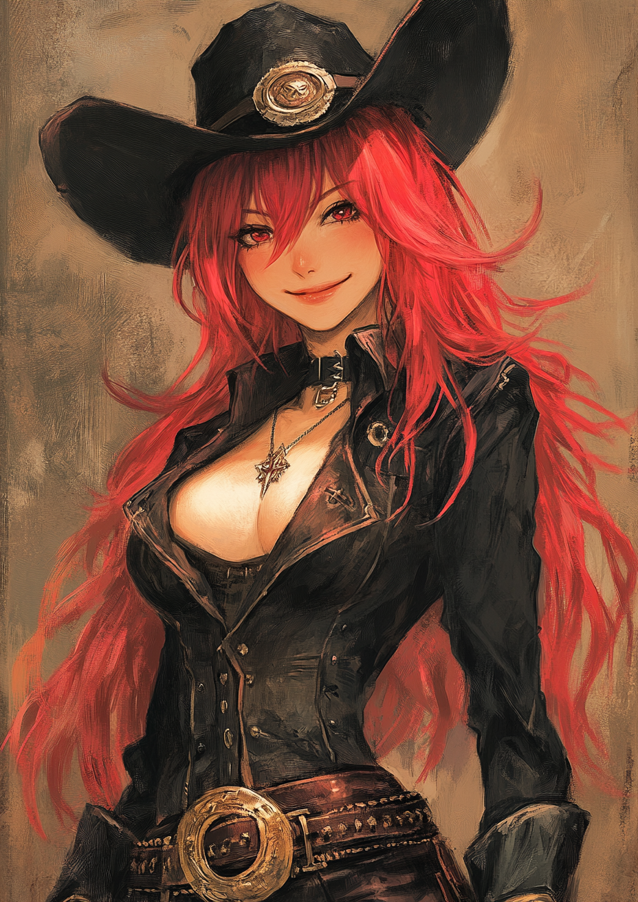 Sinister goth cowgirl with red hair and strong jawline