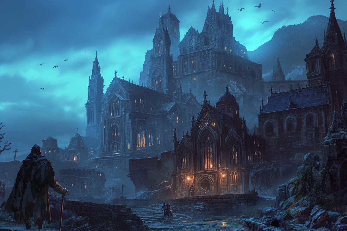 Sinister gothic town with breathtaking detailed horror art style.