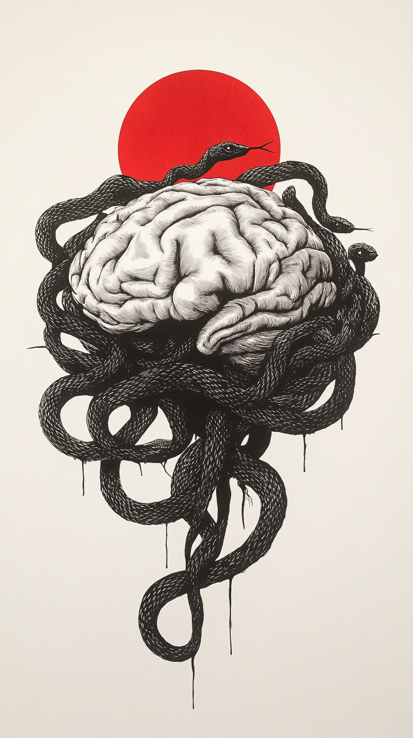 Sinister human brain surrounded by snakes, horror linocut.