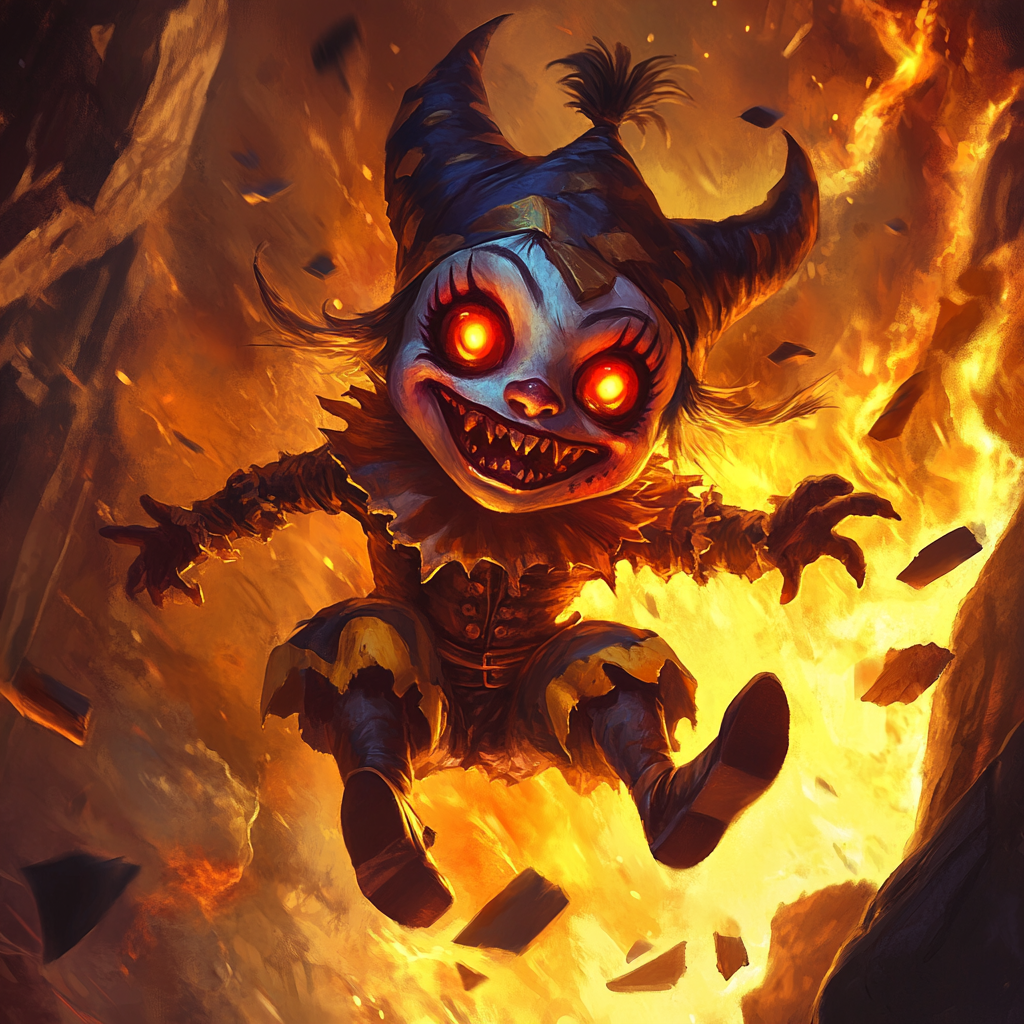 Sinister jester demon with fiery eyes in lava cavern.