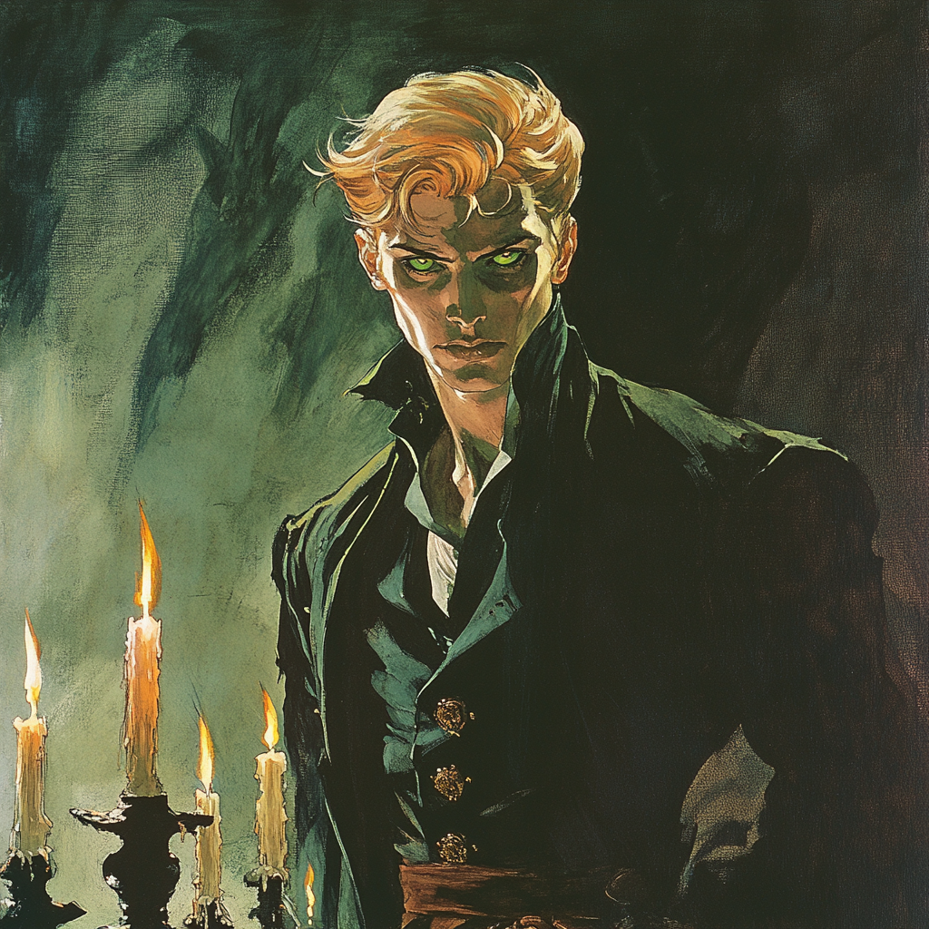 Sinister young man with green eyes, standing by candles.