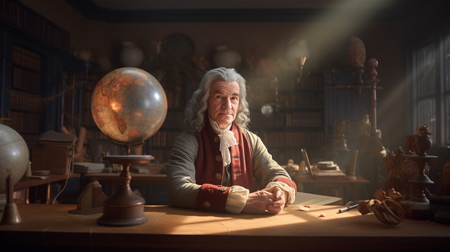 Sir Isaac Newton portrait in physics classroom, detailed background.