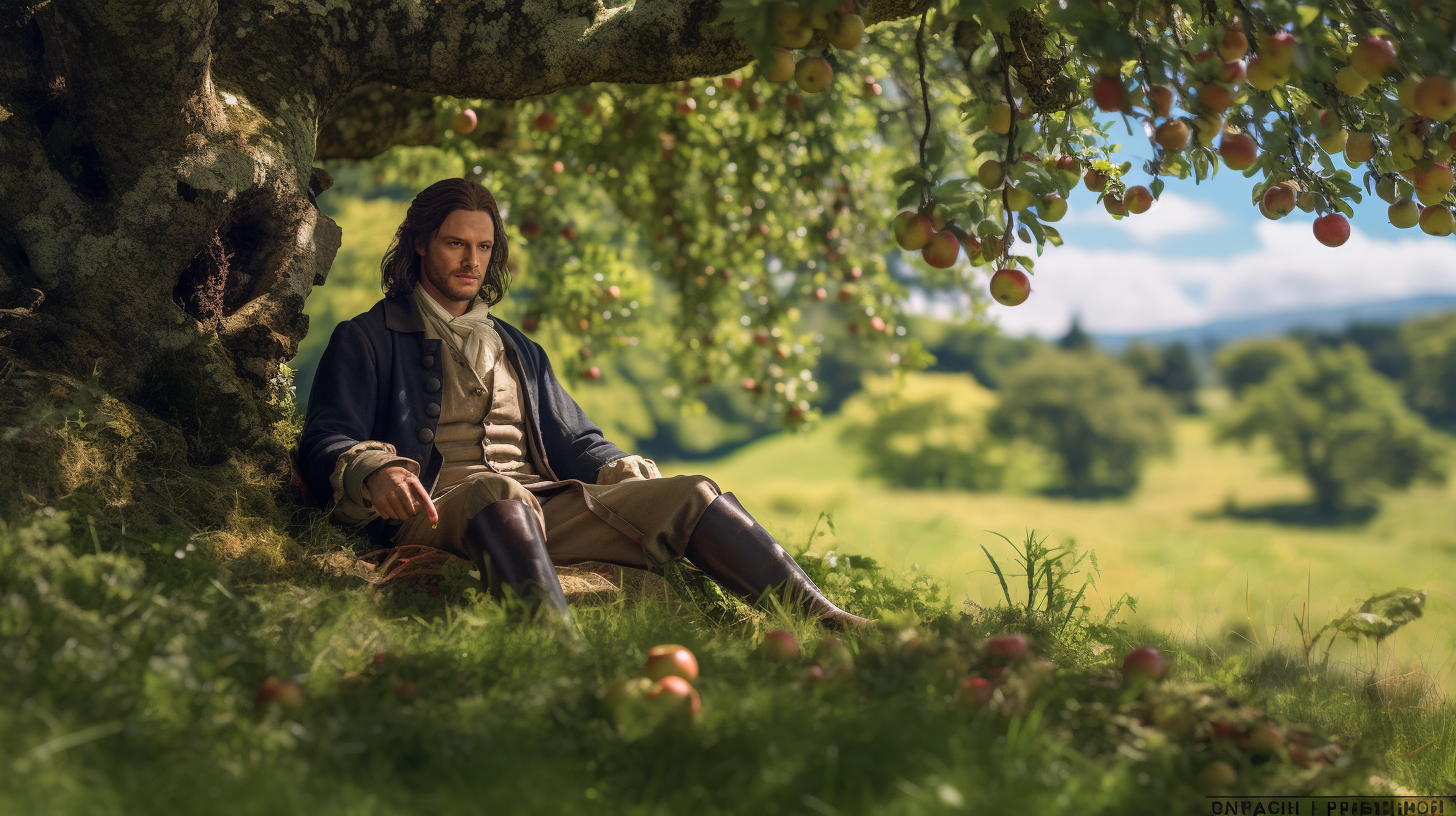 Sir Isaac Newton sitting under an apple tree calmly.