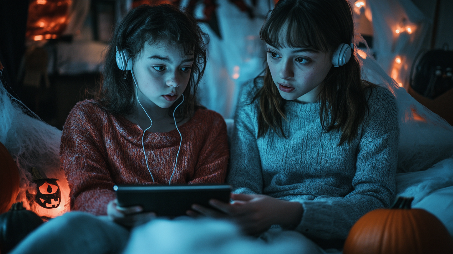Sisters listening to horror podcast in spooky Halloween setting.