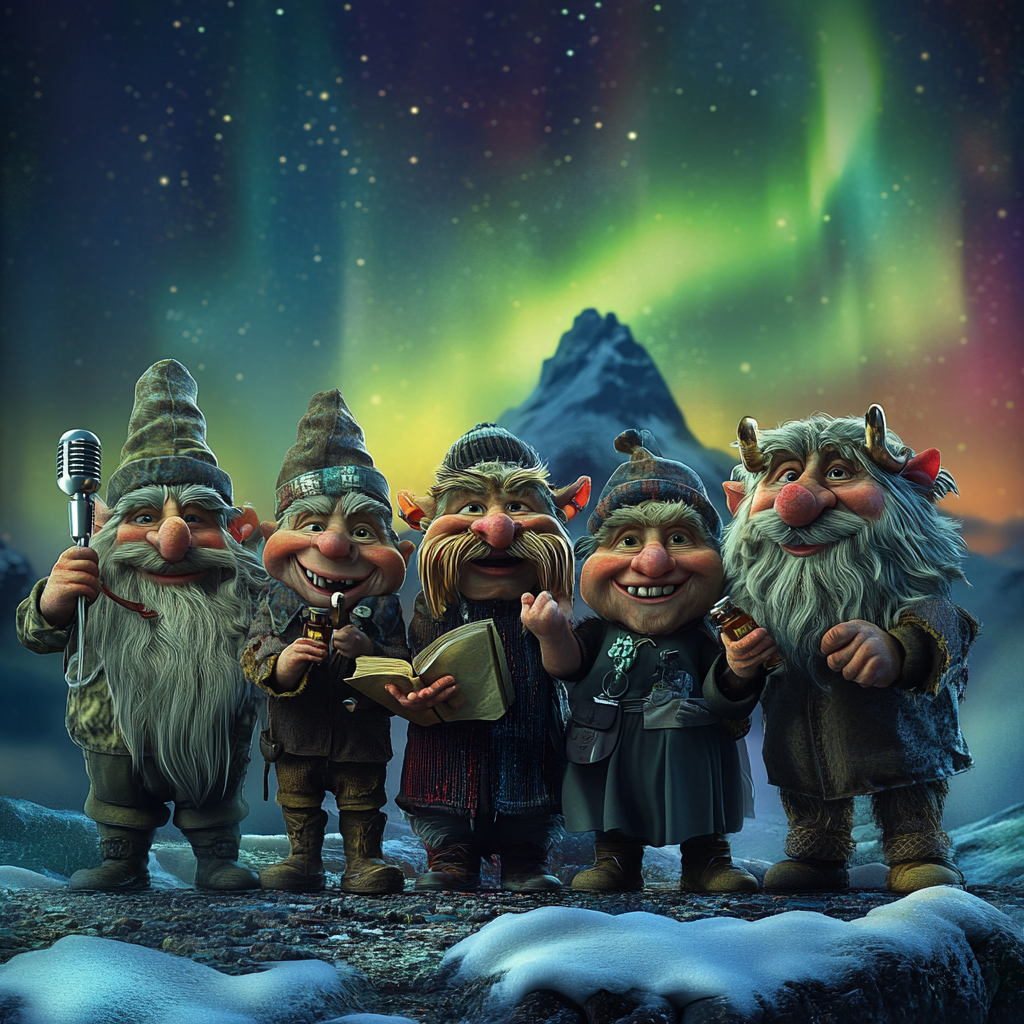 Six Icelandic Troll Characters Under Northern Lights