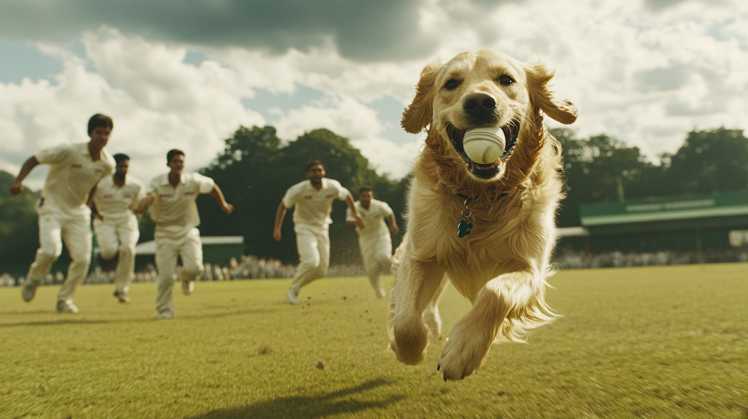 Six cricketers chasing golden retriever with cricket ball.