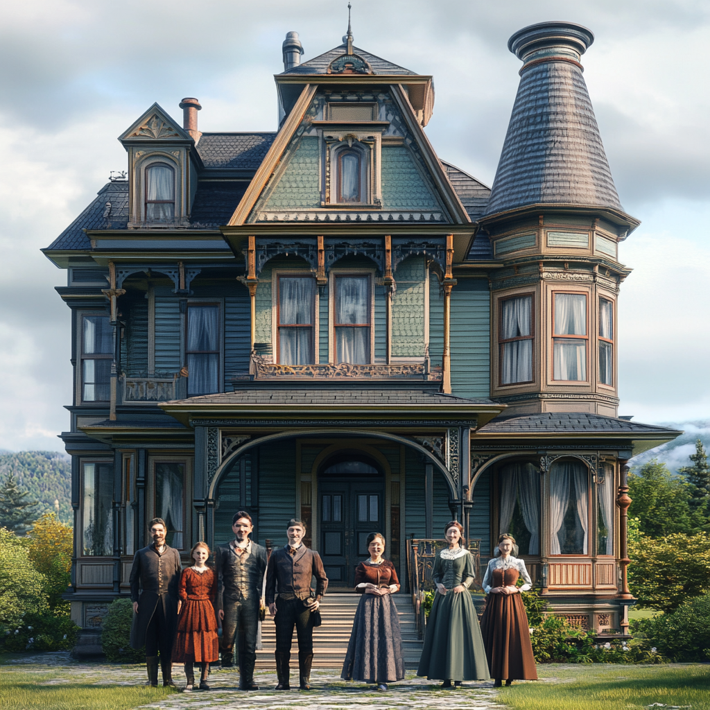 Six diverse housemates in modern clothes pose outside Victorian.