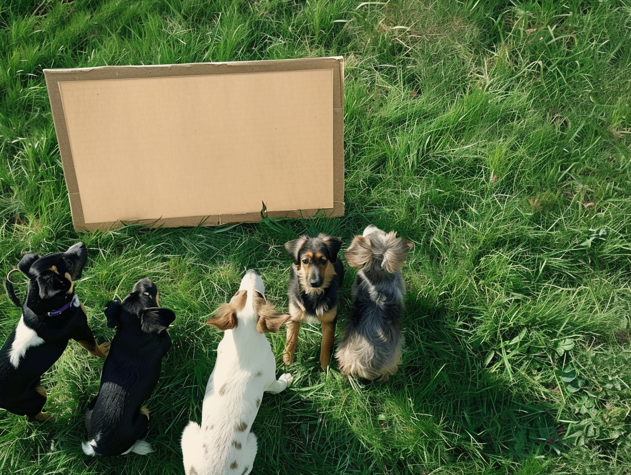 Six dogs next to campaign sign on green grass.