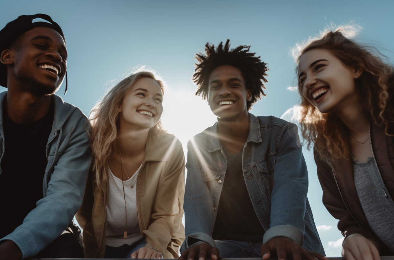 Six office workers laughing with man at laptop