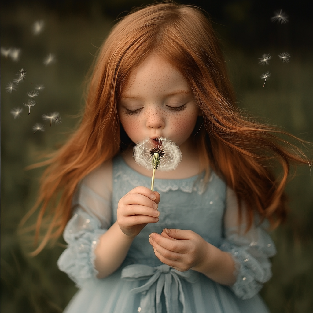 Six-year-old girl with freckles and brown eyes, holding dandelion.