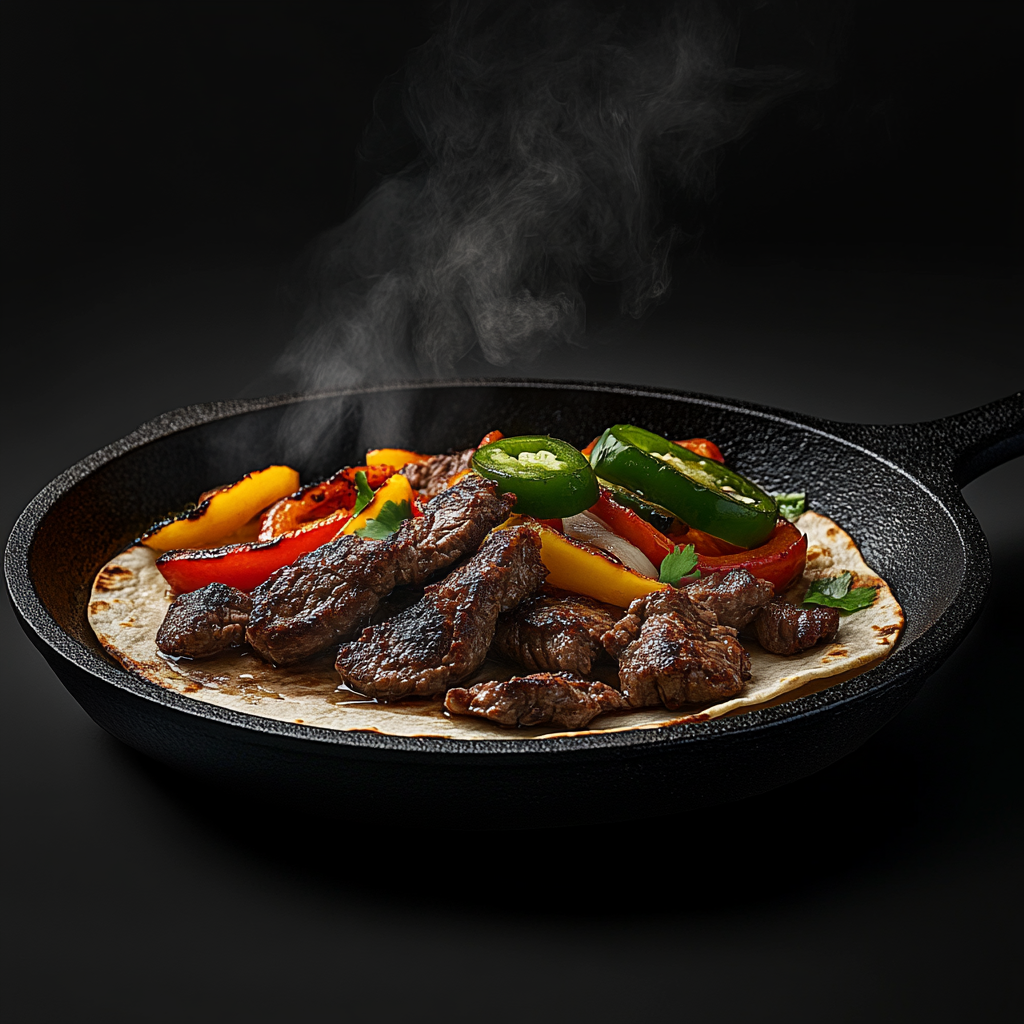 Sizzling Beef Fajitas on Hot Cast Iron Pan